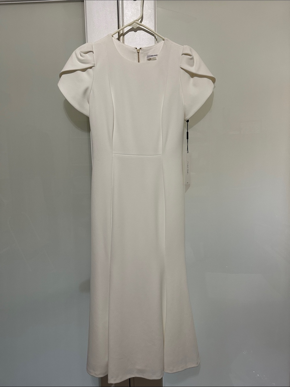 Calvin Klein Cream Midi Dress with Puff Sleeves